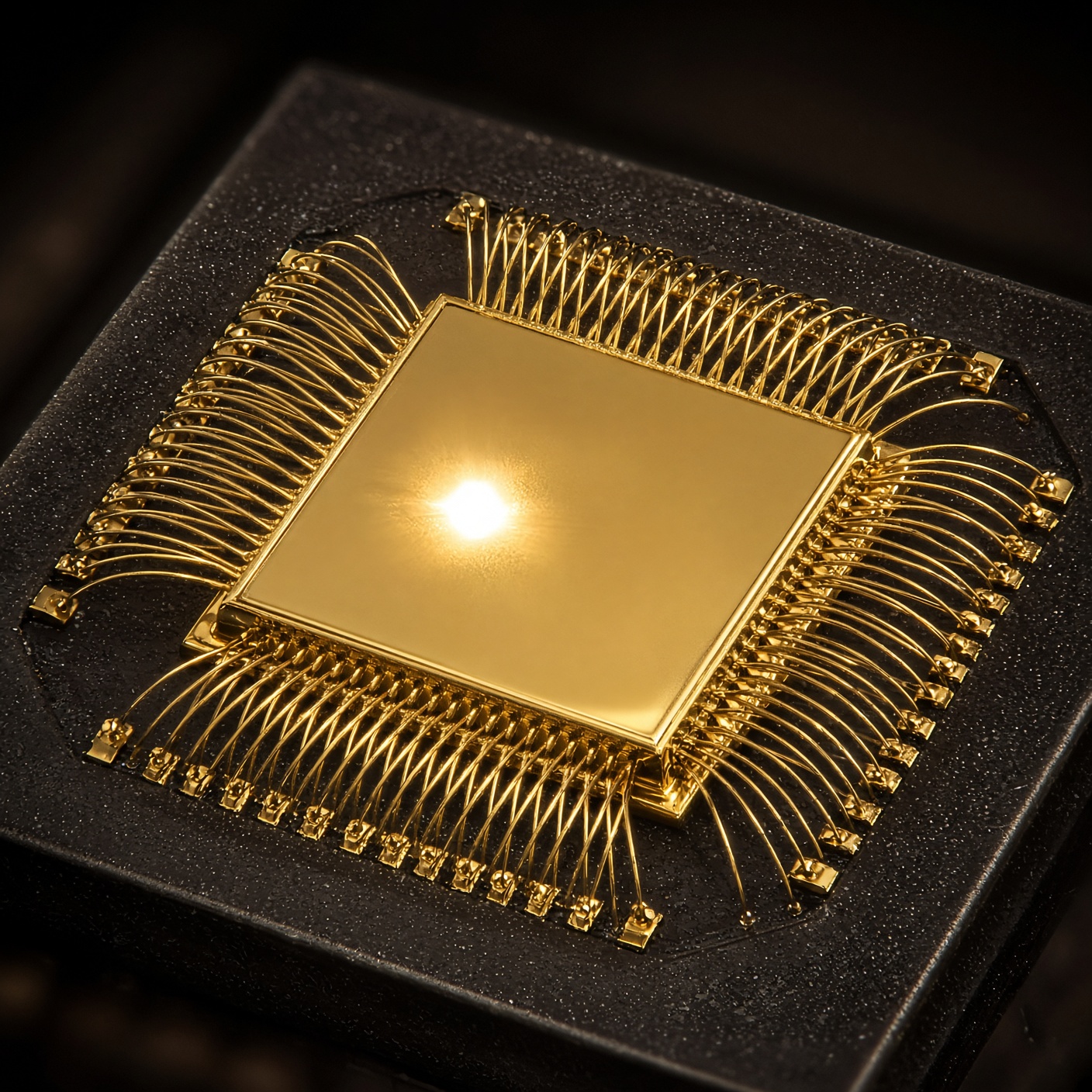 Macro photograph of a digital ASIC and bond wires