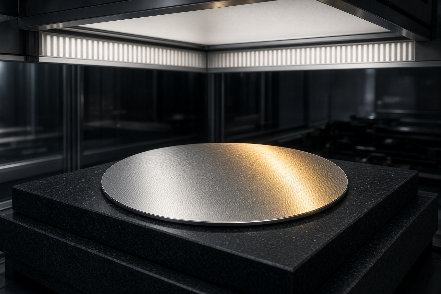 Silicon wafer on a metrology chuck in a clean bay