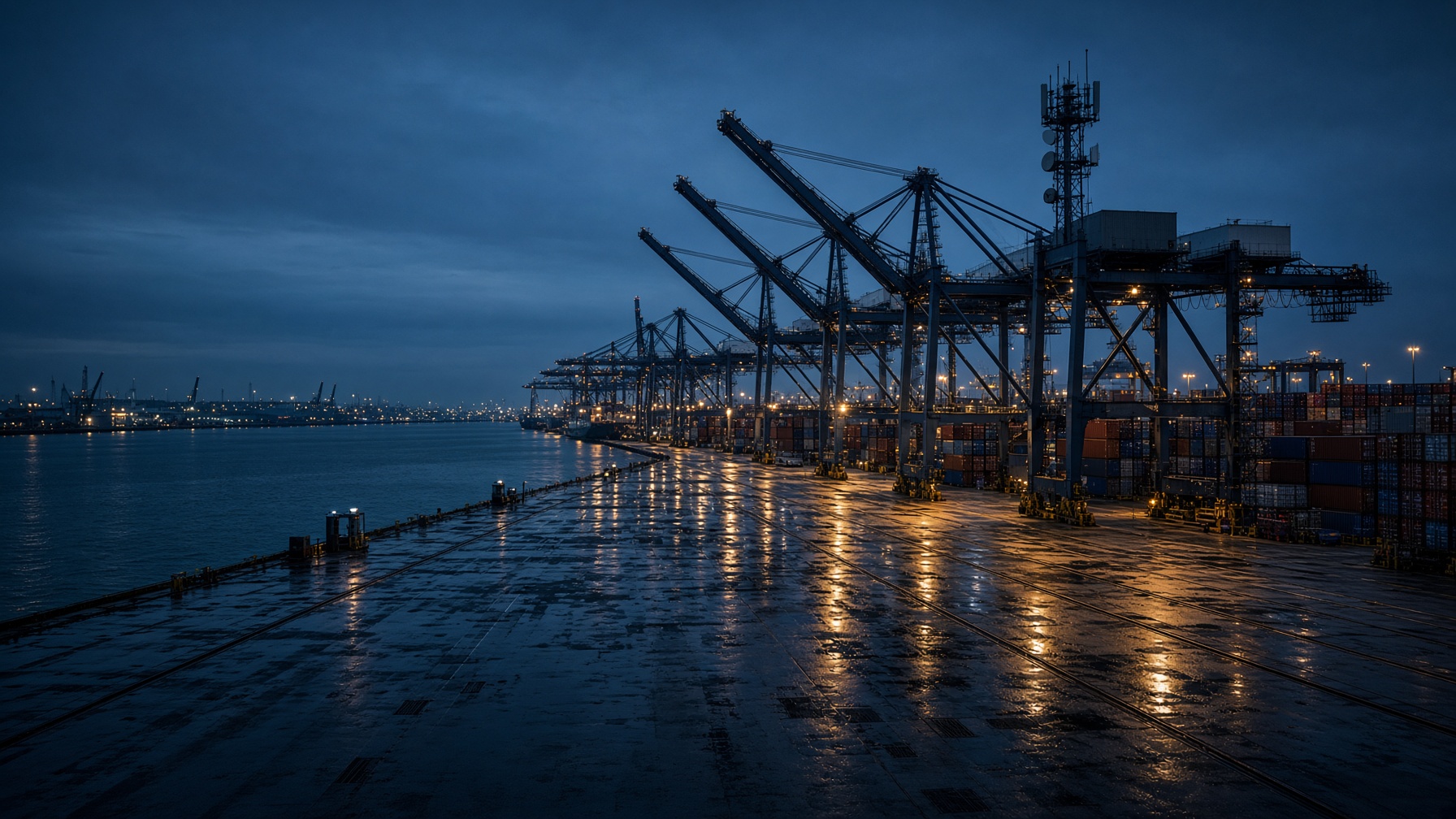 Blue-hour view of a US container terminal and industrial mast